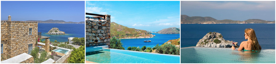 isole del dodecanneso PATMOS boutique hotel de charme bungalow resort sulla spiaggia con piscina vista panoramica tramonto residence con appartamenti in affitto 